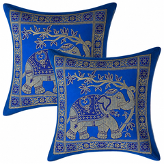 Set of 5 Ethnic Pillow Cover 16x16 Blue Brocade Elephant Cushion Covers