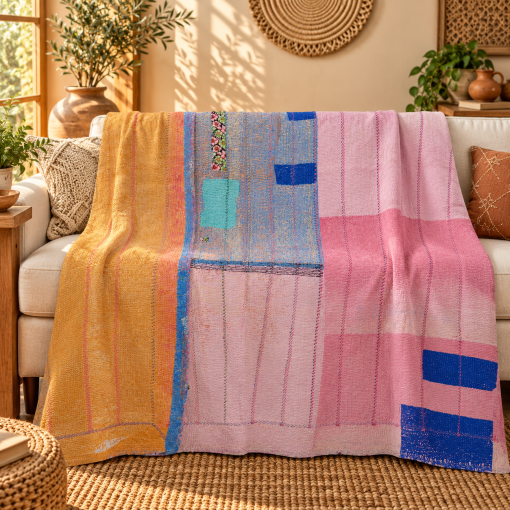 Mustard Yellow & Pink Vintage Kantha Quilt Handmade Cotton Throw Blanket with Blue Patchwork – 60x80 Inches