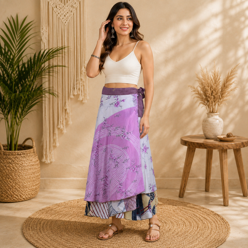 Vintage Floral Wrap Skirt for Women | Pink Boho Maxi Skirt | Handmade Upcycled Sari Skirt | Adjustable Tie Waist Beach Skirt | Festival Summer Clothing