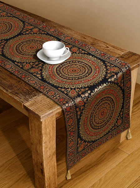 Embroidered Zari Black Brocade Table Linen Decor Runner