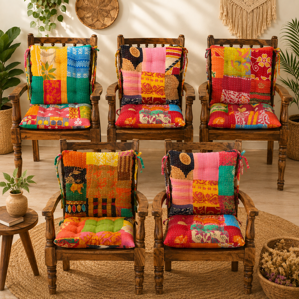 Vintage Kantha Chair Pad Cushion 5 Pcs– Handmade Patchwork Cotton Seat & Back Cushion, Colorful Boho Chair Mat, Indian Recycled Sari Home Decor