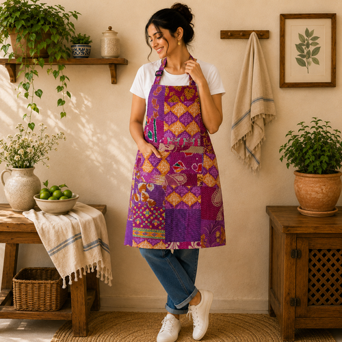 Vintage Kantha Patchwork Apron 1 Pc, Purple Cotton Cooking Apron, Handmade Boho Kitchen Apron, Recycled Sari Adjustable Apron with Pocket