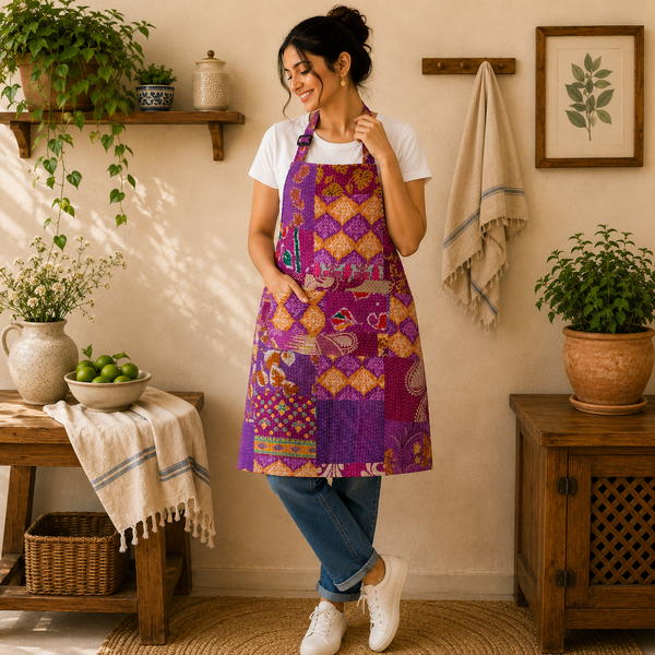 Vintage Kantha Patchwork Apron 1 Pc, Purple Cotton Cooking Apron, Handmade Boho Kitchen Apron, Recycled Sari Adjustable Apron with Pocket