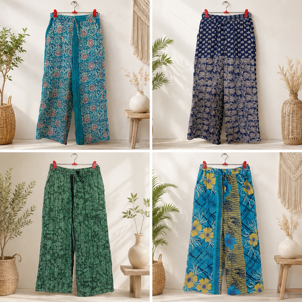 Vintage Kantha Cotton Wide Leg Pants 1 Pcs, 2 Layer Recycled Sari Palazzo Trousers, Boho Patchwork Lounge Pants, Adjustable Waist