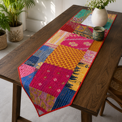 Vintage Kantha Patchwork Table Runner – Handmade Quilted Cotton Dining Table Decor