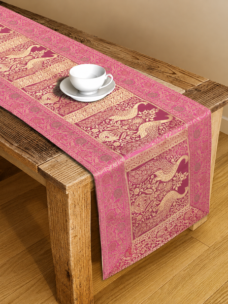 Handmade Peacock Print Pink Silk Brocade Dining Runner