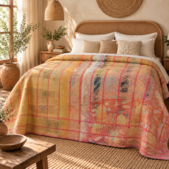 Mustard Yellow Vintage Kantha Quilt Handmade Reversible Cotton Throw Blanket – 75x100 Inches