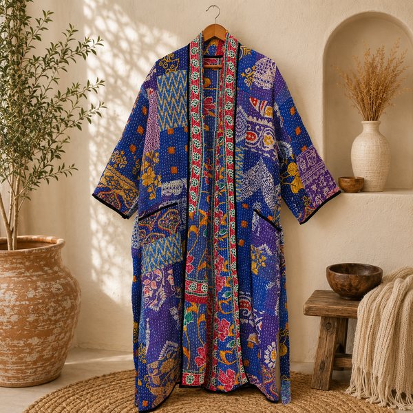 Vintage Kantha Blue Patchwork Handmade Cotton Kimono Robe One Size 1 Pcs