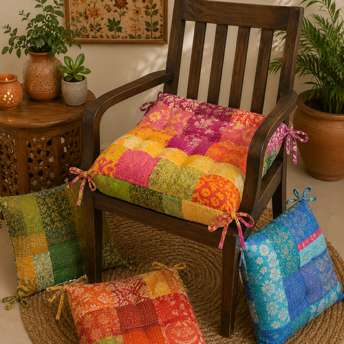 Set Of 2 Chair Pad Recycled Cotton Saree Handmade Chair Cushion