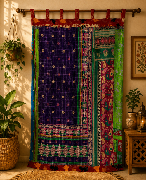Indian Handmade Kantha Quilted 100% Cotton Fusion Blue Curtain