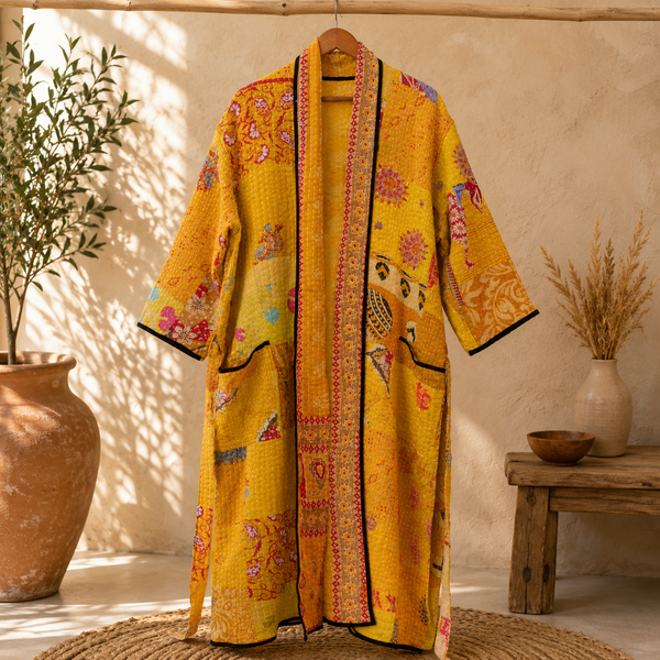 Indian Handmade Vintage Kantha Quilt Yellow Patchwork Kimono Robe One Size Robe