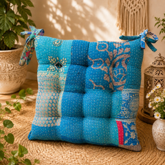 Blue Patchwork Chair Pad, Handmade Kantha Chair Pad, Tie On Cotton Seat Pad, Quilted Dining Chair Pad, Boho Kitchen Chair Pad, Garden Chair Pad