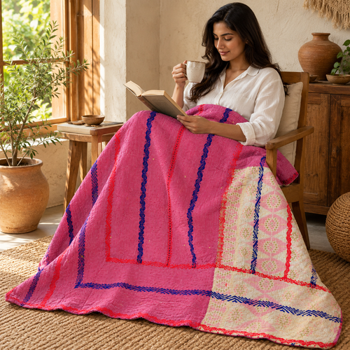 Pink & Cream Vintage Kantha Quilt – Handmade Reversible Cotton Bedspread, 60 × 100 Inches