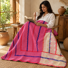 Pink & Cream Vintage Kantha Quilt – Handmade Reversible Cotton Bedspread, 60 × 100 Inches