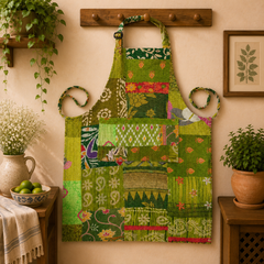 Vintage Kantha Patchwork Apron 1 Pc, Green Cotton Cooking Apron, Handmade Boho Kitchen Apron, Recycled Sari Garden Apron with Pocket