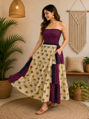 Handmade Cotton Strapless Smocked Maxi Dress for Women | Boho Patchwork Summer Beach Dress with Pockets