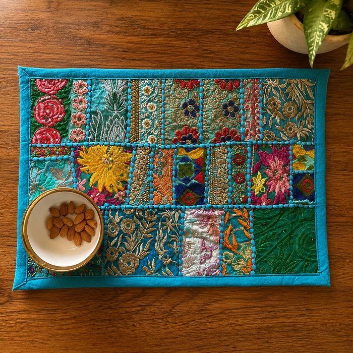 Handmade Embroidered Patchwork Placemat – Vintage Textile Table Mat, Boho Dining Decor
