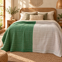 Emerald Green & White Vintage Kantha Quilt Handmade Heavy Cotton Reversible Blanket – 65x85 Inches