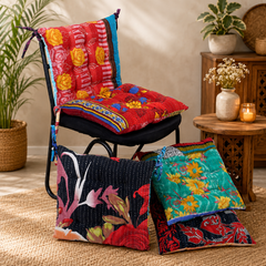 Handmade Kantha Chair Cushion, Cotton Floor Cushion, Quilted Seat Pad, Floral Chair Pad, Boho Cushion, Tie-On Chair Cushion, Dining Chair Cushion