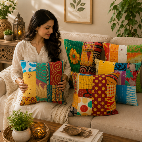 Vintage kantha Patchwork Floor Pillow Cover 2 Pcs
