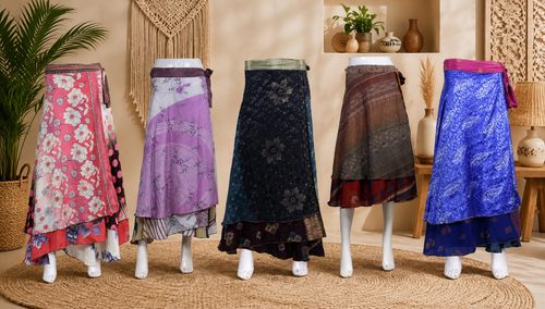 Vintage Blue Floral Wrap Skirt for Women | Handmade Upcycled Sari Maxi Skirt | Adjustable Tie Waist Boho Skirt | Festival Beach Skirt | Sustainable Clothing