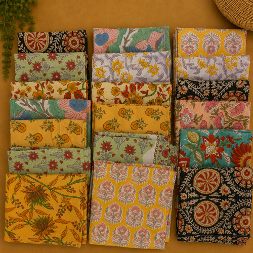 Hand Block Printed Cotton Napkins – Indian Floral Cloth Dinner Napkins 20 Pcs, Reusable Boho Table Napkins, Mixed Assorted Set
