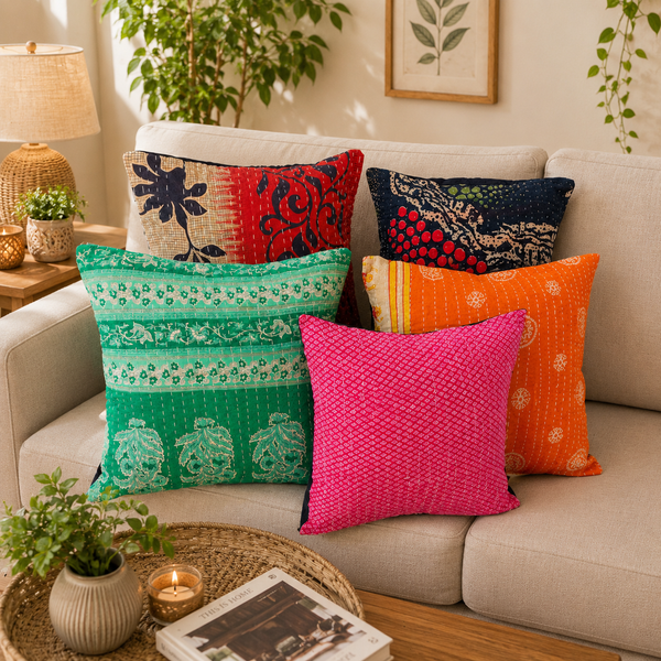 Vintage Kantha Handmade Rare Fine Stitched Heavy Cushion 5 Pcs