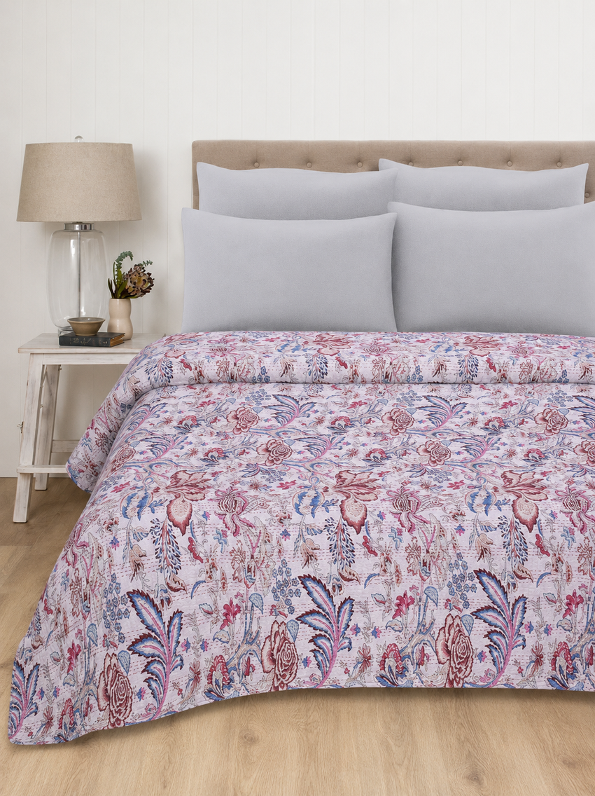 Handmade Cotton Kantha Floral Queen Quilt