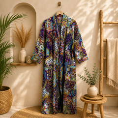 Handmade Purple Cotton Kimono Robe for Women | Boho Paisley Floral Long Cardigan | Lightweight Beach Cover Up | Resort Wear