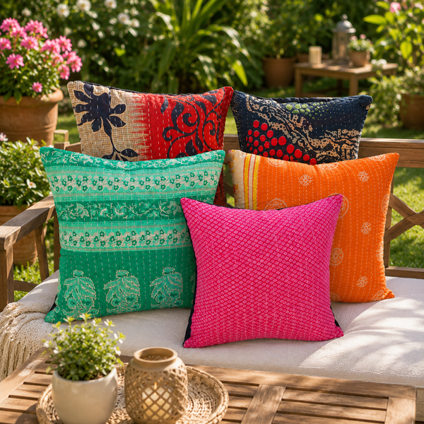 Handmade Kantha Cushion Cover, Cotton Patchwork Pillow Cover, Boho Throw Pillow Cover, Decorative Sofa Cushion Cover, Vintage Cotton Cushion Cover