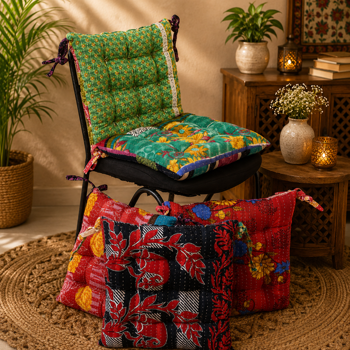 Handmade Kantha Chair Cushion, Cotton Seat Cushion, Quilted Chair Pad, Tie-On Chair Cushion, Boho Floral Cushion, Dining Chair Cushion, Floor Cushion