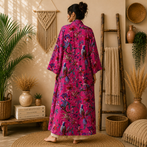 Women's Cotton Floral Bird Print Long Kimono Robe | Boho Lightweight Open Front Cardigan with Pockets