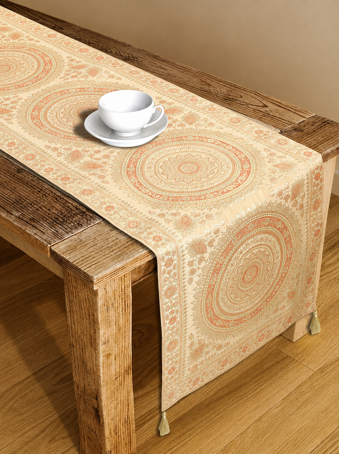 Kantha Mandala Print Beige Boho 14x72 Inch Table Runner