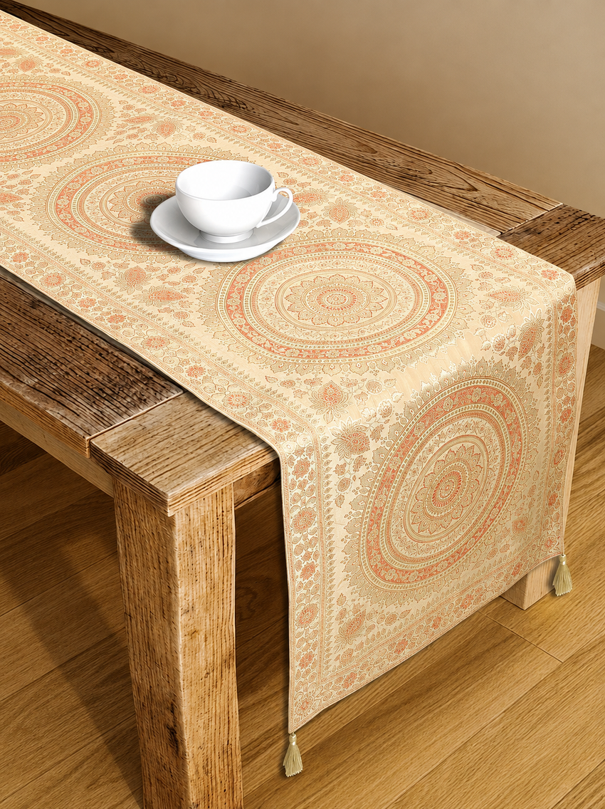 Kantha Mandala Print Beige Boho 14x72 Inch Table Runner