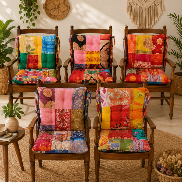 Vintage Kantha Chair Pad Cushion 5 Pcs– Handmade Patchwork Cotton Seat & Back Cushion, Colorful Boho Chair Mat, Indian Recycled Sari Home Decor