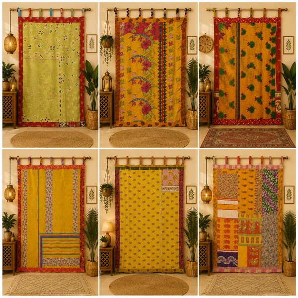 Yellow Kantha patchwork Curtain, Recycled Sari Patchwork Door Curtain, Boho Indian Cotton Curtain, Handmade Tab Top Window Panel, Colorful Home Decor