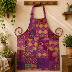 Vintage Kantha Patchwork Apron 1 Pc, Purple Cotton Cooking Apron, Handmade Boho Kitchen Apron, Recycled Sari Adjustable Apron with Pocket