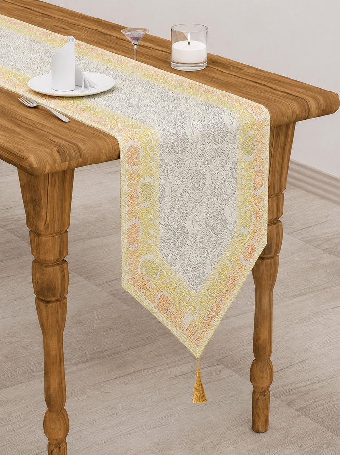 Elegant Dining White Table Runner Silk Brocade with Floral Pattern
