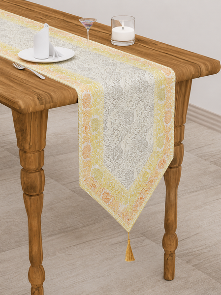 Elegant Dining White Table Runner Silk Brocade with Floral Pattern