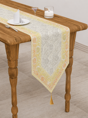 Elegant Dining White Table Runner Silk Brocade with Floral Pattern