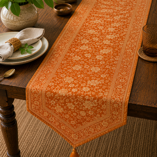 Handmade Silk Table Runner | Orange Floral Silk Table Runner with Tassel | Luxury Dining Table Decor | Indian Wedding Table Linen