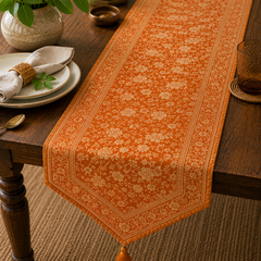 Handmade Silk Table Runner | Orange Floral Silk Table Runner with Tassel | Luxury Dining Table Decor | Indian Wedding Table Linen