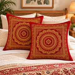 5 Pcs Mandala Ethnic Brocade Maroon And Gold Pillow Covers 16x16 Inch