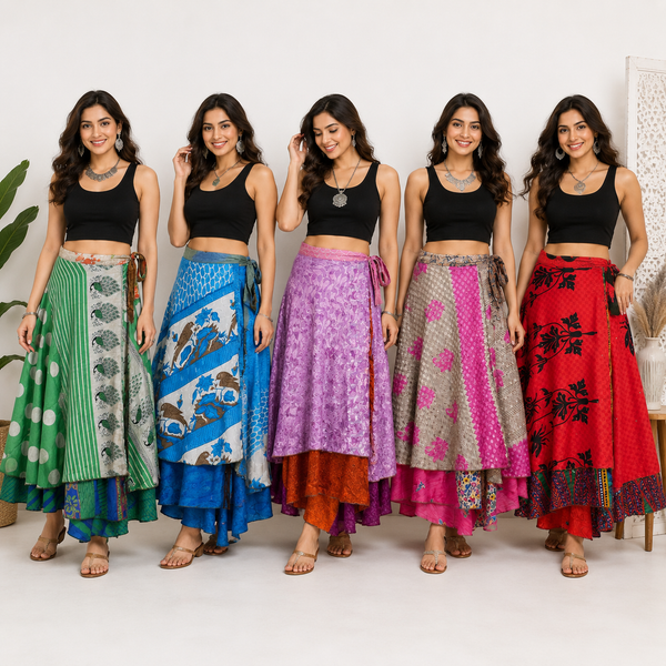 5 Pcs Assorted Vintage Silk Wrap Skirts for Women, Recycled Sari Long Skirt, Boho Patchwork Maxi Skirt, Wholesale Clothing Lot