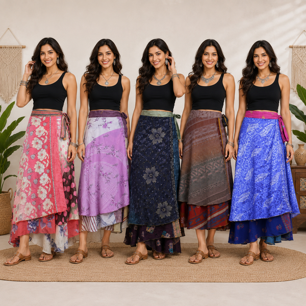 5 Pcs Assorted Vintage Silk Wrap Skirts for Women – Recycled Sari Boho Long Maxi Skirt, Indian Patchwork Gypsy Festival Clothing Wholesale Lot