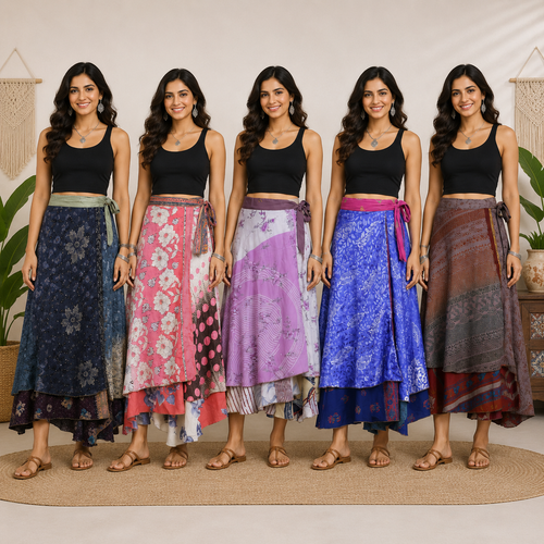 5 Pcs Assorted Vintage Silk Wrap Skirts for Women – Recycled Sari Boho Long Maxi Skirt, Indian Patchwork Gypsy Festival Clothing Wholesale Lot