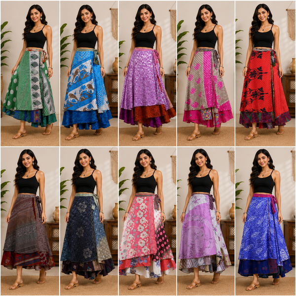 5 Pcs Assorted Vintage Silk Wrap Skirts for Women – Recycled Sari Boho Long Maxi Skirt, Indian Patchwork Gypsy Festival Clothing Wholesale Lot