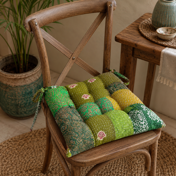 Vintage Kantha handmade Green Patchwork Chair Pad Soft chair pad Cushion Pad Seat Pad 15x15 Inch 1 Pcs
