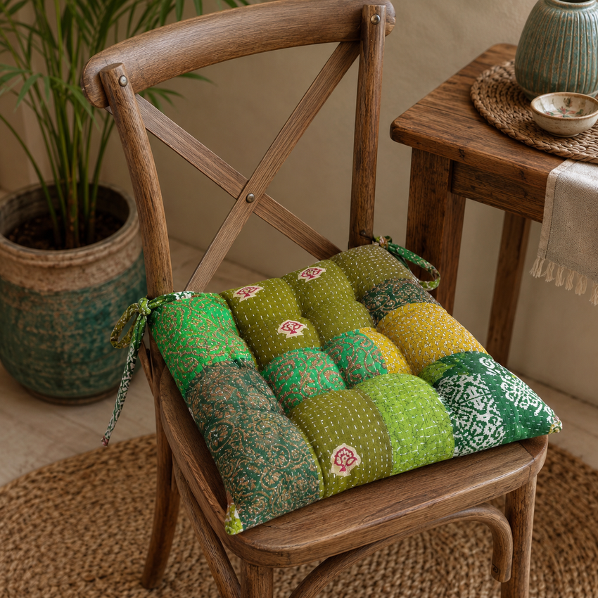 Vintage Kantha handmade Green Patchwork Chair Pad Soft chair pad Cushion Pad Seat Pad 15x15 Inch 1 Pcs