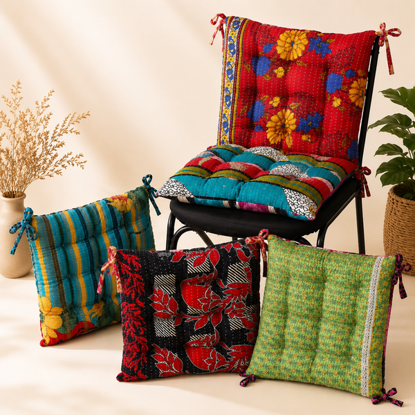 Handmade Kantha Chair Pad Set with Ties – Reversible Cotton Quilted Seat Cushion & Back Support – Boho Dining Chair Cushion – Floral Patchwork Chair Pads